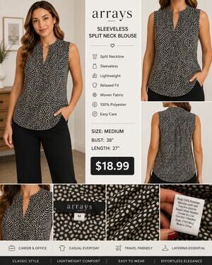 Arrays Women’s M Sleeveless Blouse Black Cream Abstract Print Cowl Neck Career